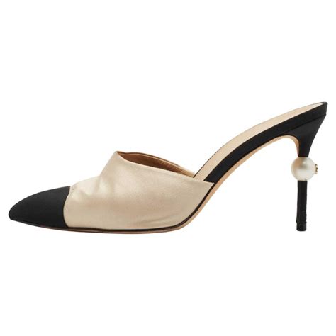 chanel mules with pearl heel|Beige/Black CC Faux Pearl Embellished Heel Slip On Mules.